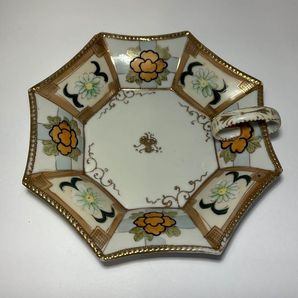 Nippon Japan Octagonal Nappy Dish Single Handled Floral Gold Gilt “Bibi”
